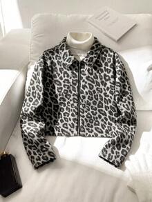 SHEIN جاكيت جينز بطبعة نمر بأكمام طويلة للفتيات المراهقات ملابس خريفية شتوية كاجوال - متعدد الألوان - مشاهدة 3