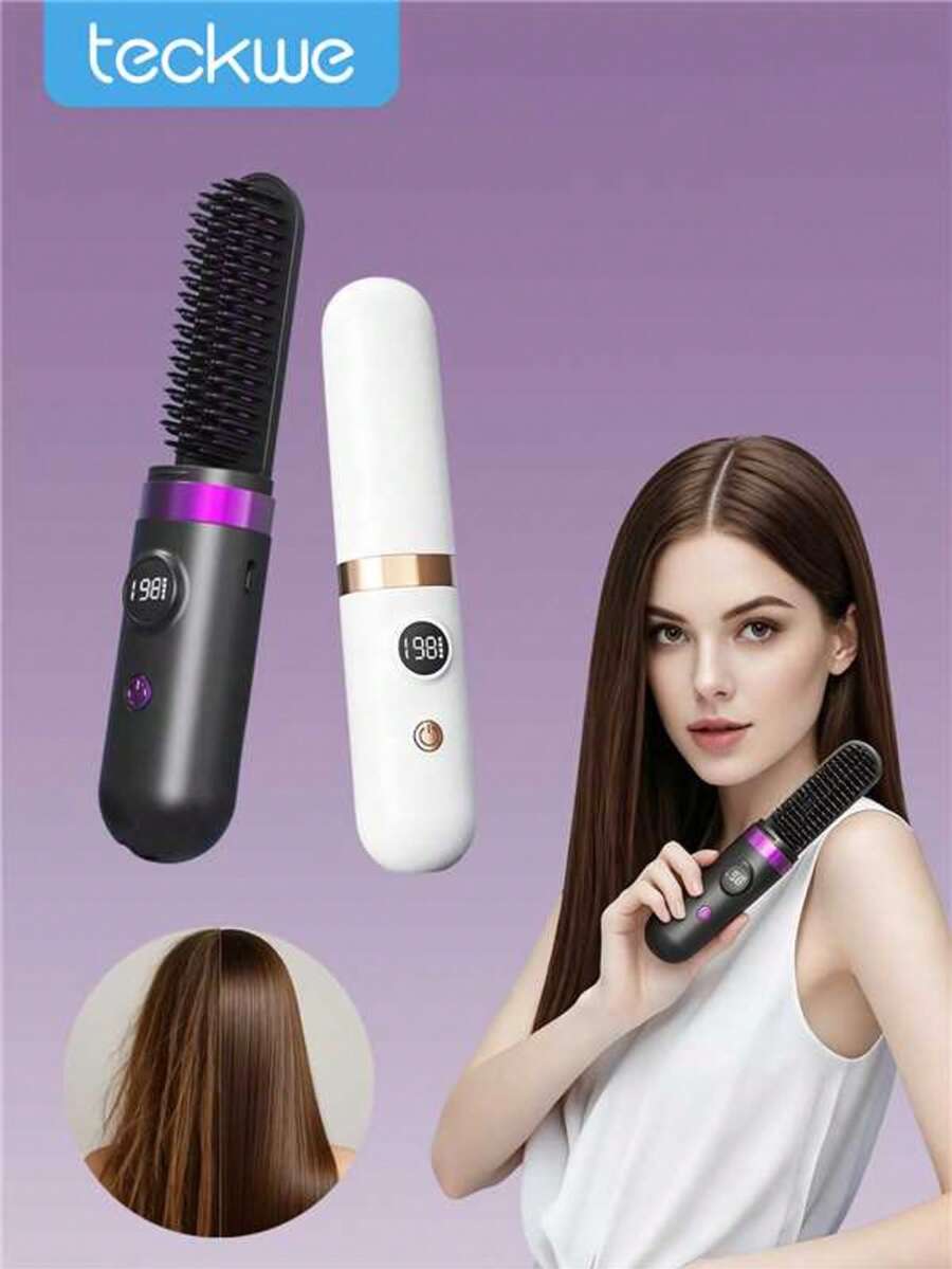 Teckwe Wireless Straightening Comb Negative Ion Hair Care, One Comb To Smooth FlyawaysNegative Ion Anti-Scald Straightening Comb, Smoothing Natural Curls Without Damaging Hair Quality Built In 4000mAh Battery - one size fits all - View 1