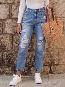 EMERY ROSE Ripped Mom Fit Jeans - Medium Wash - View 1