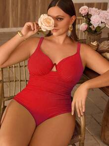 Swim Chiccia Plus Size Women's Solid Color Special Fabric Camisole One-Piece Swimsuit With Underwire For Summer Beach Vacation - Red - View 5