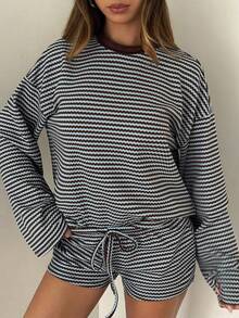 Aloruh Women's Striped Patchwork Long Sleeve Top And Shorts Casual Daily 2 Pieces Set - Multicolor - View 5