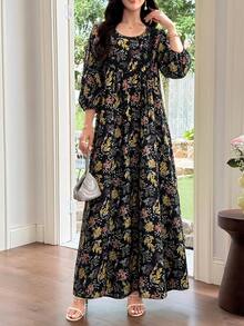 Al Najma 女款印花圓領蕾絲飾邊拼接喇叭裙 - 黑色 - 查看 7