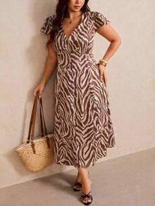 Elaquor Plus Size Vacation Fashion Zebra Print Button-Down Dress Formal Beige Summer Boho Casual Kawaii - Multicolor - View 3
