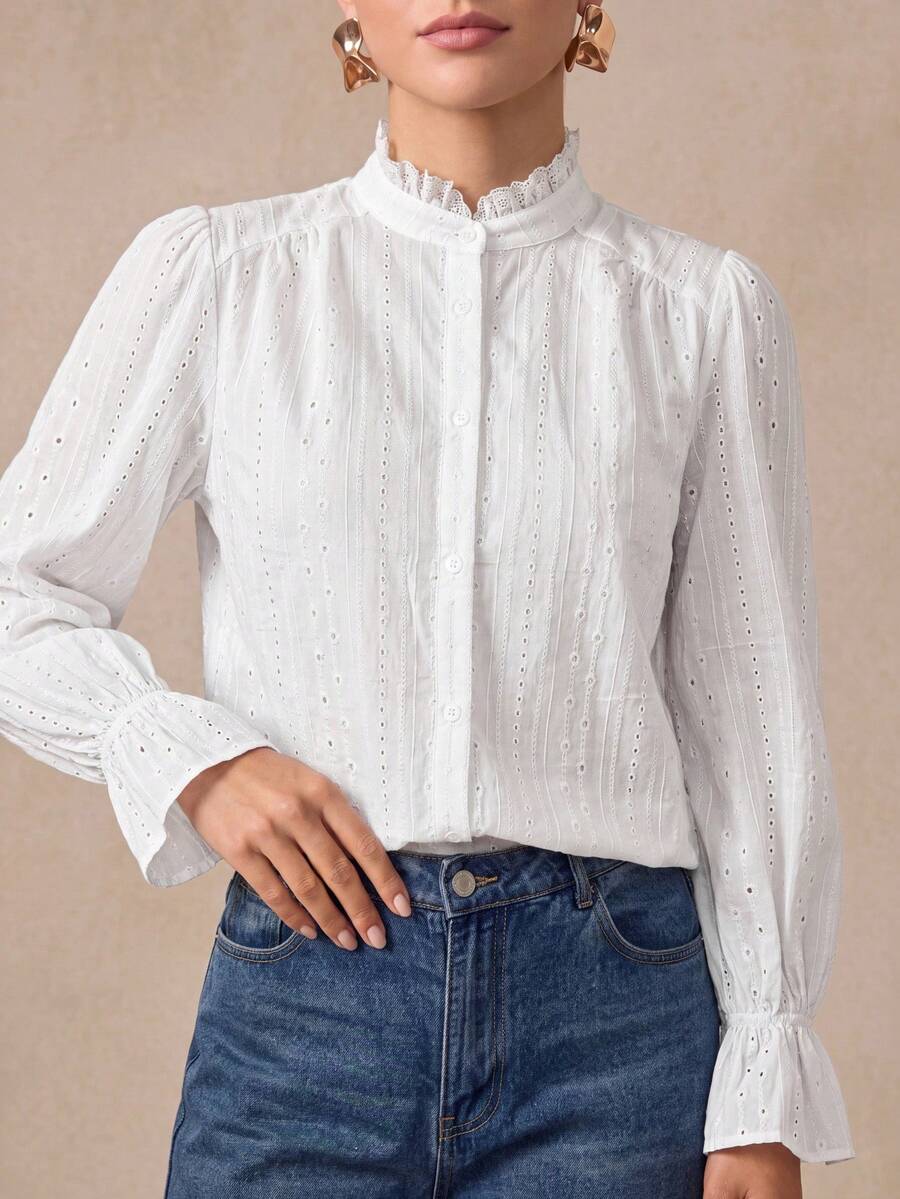 Almamuse Spring/Autumn All White Embroidery Textured, Delicate Floral Trim Elegant Women Long Sleeve Blouse Fall Women Clothes - White - View 1