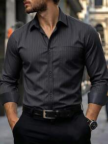 Manfinity CasualCool Men's Solid Color Embossed Stripe Button Design Formal Long Sleeve Shirt - Black - View 1