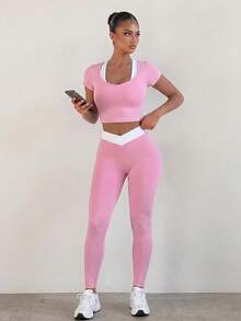 Zolique Women's Colorblock Asymmetric Waist Casual Sports Leggings - Pink - View 10