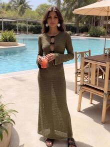 SHEIN Women's Elegant Knit Dress With Hollow-Out Button Design Vacation Olive Green Autumn - Dark Green - View 6