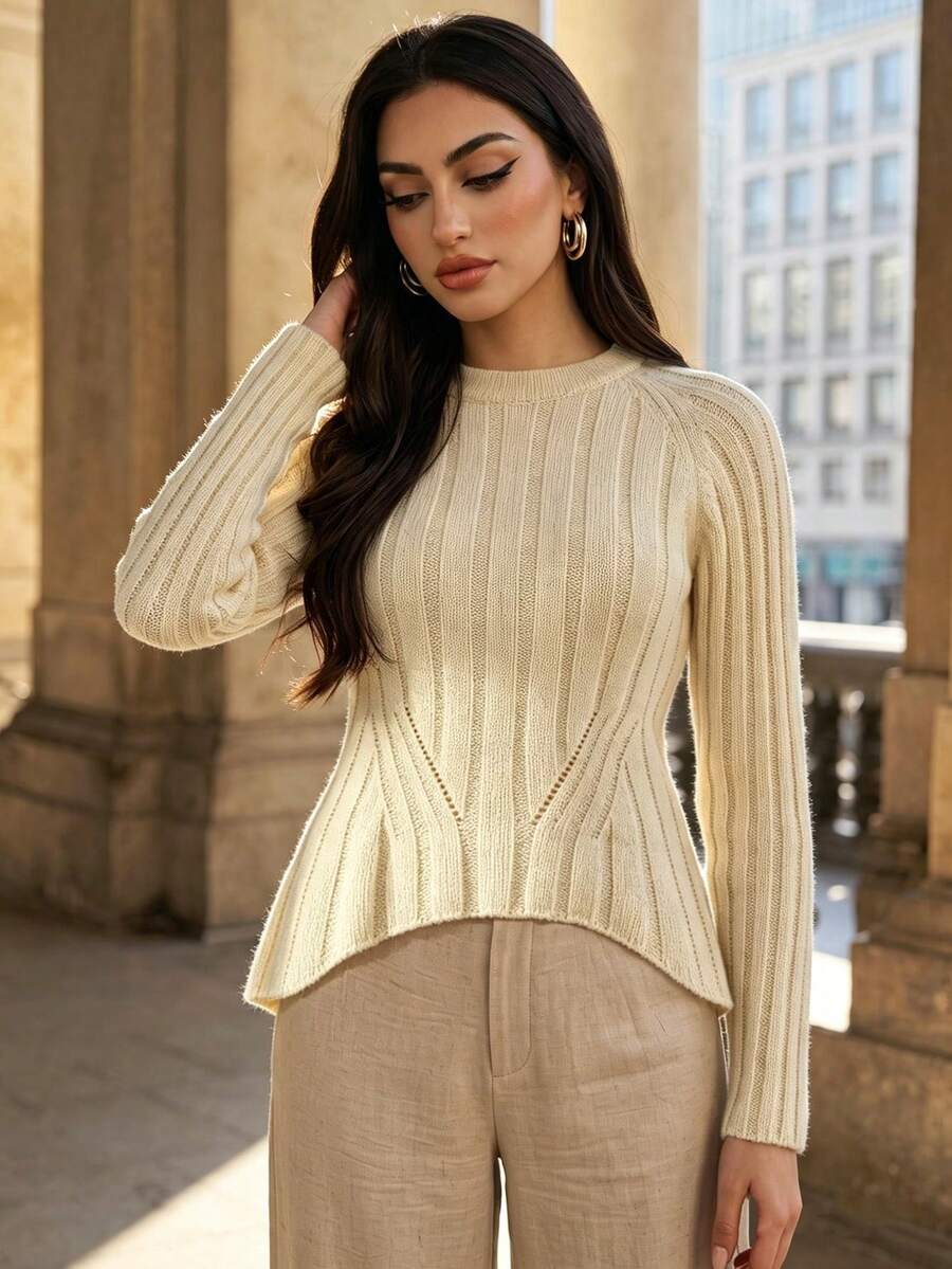 Duskaine Women's Solid Color Raglan Long Sleeve Casual Elegant Crew Neck Sweater Work Everyday Cream Fall - Khaki - View 1