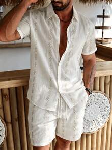 Manfinity Homme Bộ đồ nam thường ngày phong cách casual gồm áo sơ mi ngắn tay cài nút đơn họa tiết hoa và quần short - trắng - Xem 3