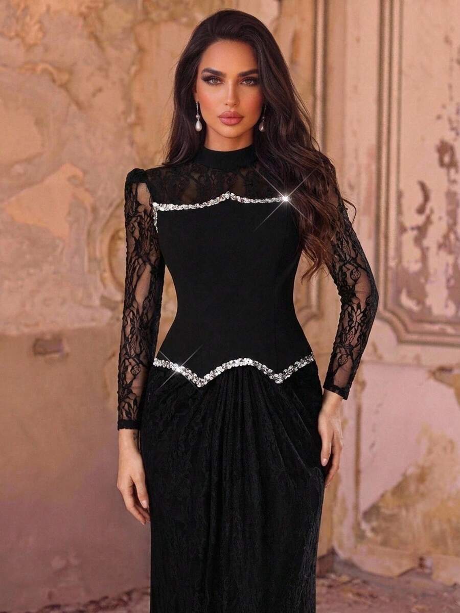 Serin فستان سهرة فاخر أنيق مرصع بالخرز والألماس والترتر بتصميم كتل لونية متباينة مع دانتيل وأكمام شفافة مطاطية محبوكة وتنورة حورية مجعدة، مناسب لحفلات الزفاف وحفلات العزوبية والعطلات والحفلات الراقصة والمهرجانات ومهرجانات الموسيقى وموسم التخرج، للعروس والأم (صناعة ثقيلة) - الأسود - مشاهدة 1