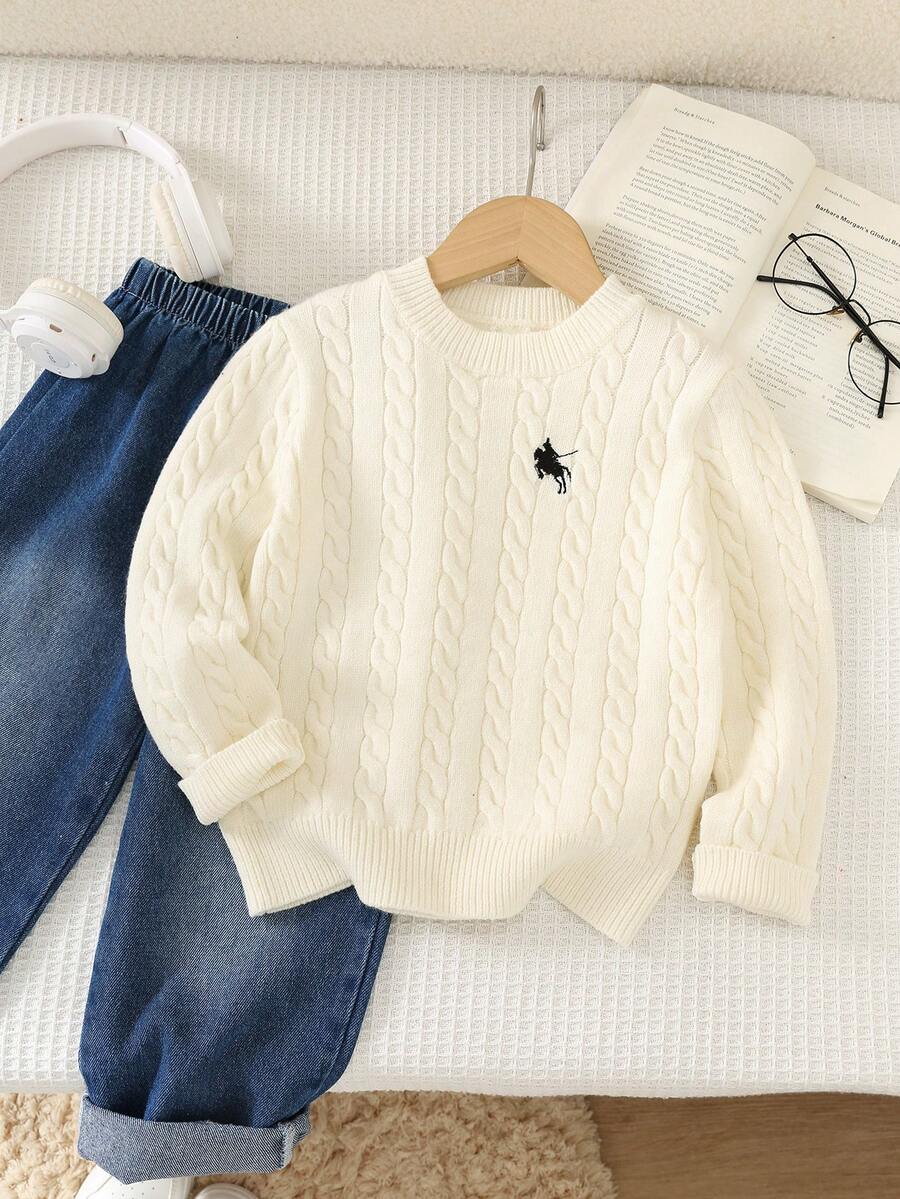 PrepCrw Kids Young Boy Knit Solid Color Cable Knit Crew Neck Casual Autumn Winter Sweater, Classic Stripes, Small Horse Logo - Beige - View 1