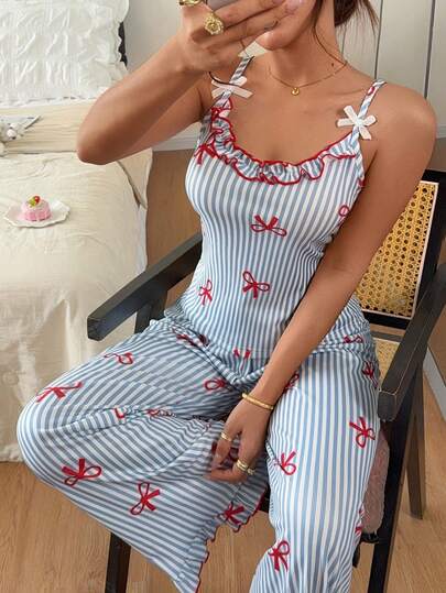 Napfluff Women's Pajama Set With Bow Tie, Frill Trim, Spaghetti Straps, Romantic Bows And Vertical Stripes