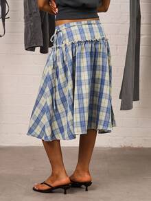 COUREZ Heavy Weight Check Drop Waist Midi Skirt /Autumn Fall Women Clothes Y2K Winter Clothes - Multicolor - View 3