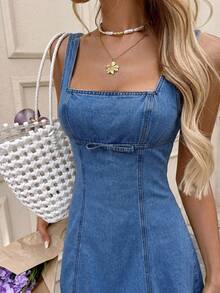 Easowa Women's Square Neck Bowknot Decor Sleeveless Denim Dress - Medium Wash - View 4