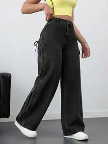 SHEIN ICON 女款休閒寬鬆牛仔褲，蝴蝶結裝飾，黑色秋季款 - 黑色 - 查看 3