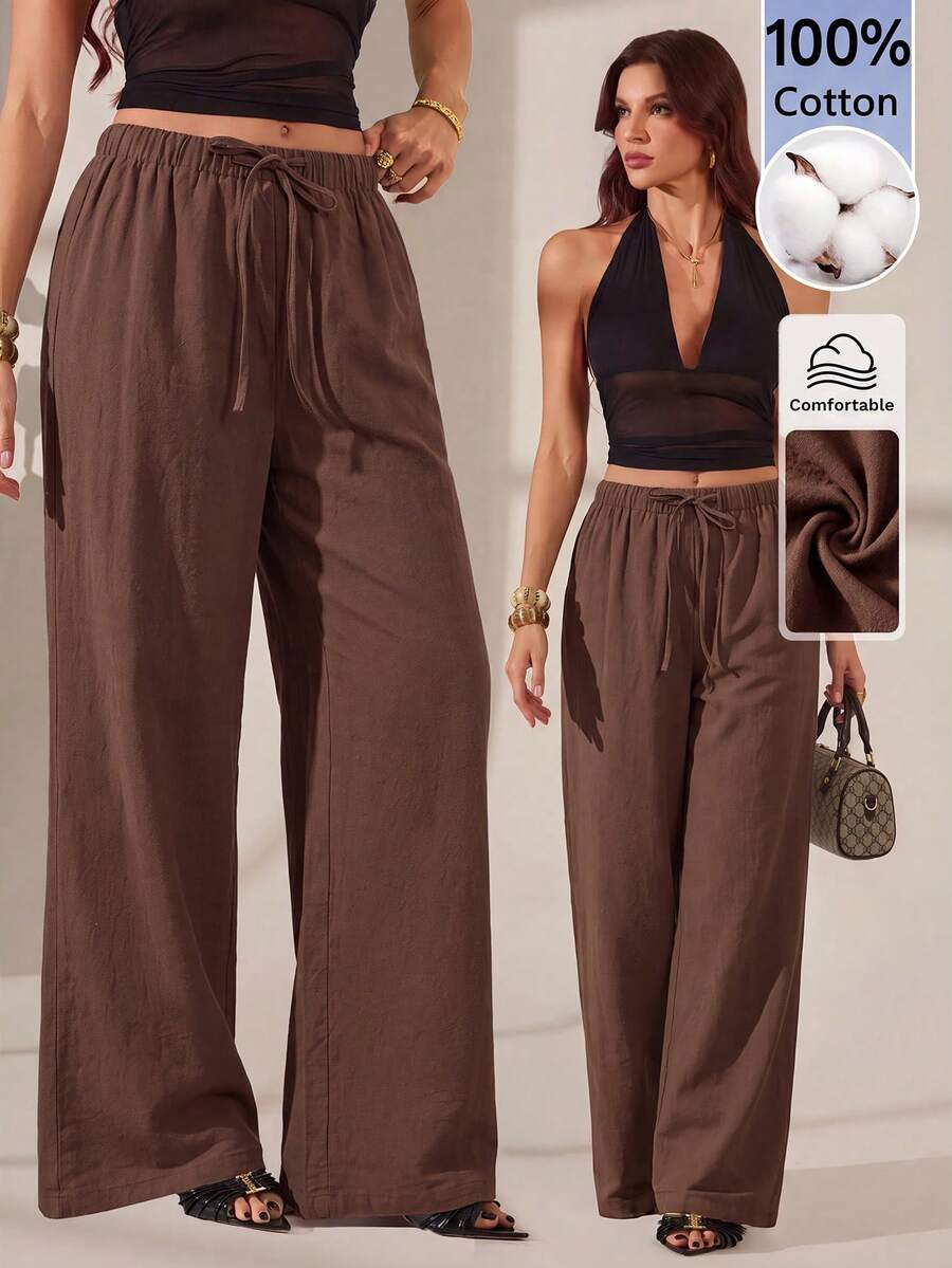 SHEIN Tall 女款純色腰部綁帶寬腿鬆身長褲休閒長褲 - 棕色 - 查看 1