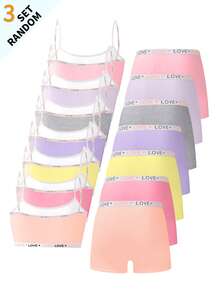 7 Sets Random 3-Piece Set Tween Girls Simple Basic Solid Color Letter Contrast Camisole Tank Top & Shorts Underwear Set - Multicolor - View 3