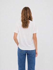Dayvera Women's Faux Embroidery Print Casual Summer T-Shirt,Going Out Tops,White Top - White - View 3