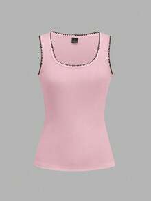SHEIN EZwear 2件裝復古撞色方領細肩帶背心，極簡百搭無袖修身T恤，貝殼刺繡針織面料，適合外出、通勤與校園穿著 - 彩色 - 查看 7