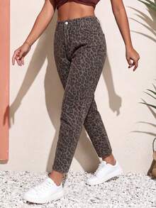 EMERY ROSE Plus Size Casual Leopard Print Denim Jeans - Multicolor - View 3