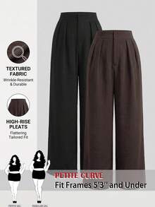 SHEIN PETITE CURVE 大尺碼女款純色百褶寬腿鬆身長褲 休閒優雅 正式辦公教師節早午餐穿搭 黑色巧克力棕 秋季 - 彩色 - 查看 1