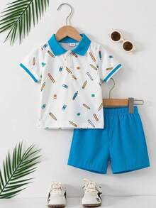 SHEIN 幼童男童夏季休閒兩件套，包含棕櫚樹與船隻印花領子 Polo 衫及彈性腰圍短褲，時尚舒適，適合 6 個月至 3 歲男童，適合日常穿著、戶外活動及返校 - 藍色 - 查看 3