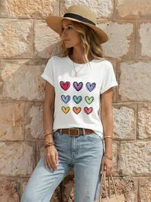 SHEIN LUNE Women's Cute Heart & Graffiti Pattern Round Neck Short Sleeve T-Shirt - White - View 1