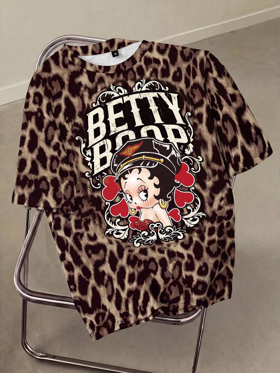 Betty Boop x SHEIN 女款圓領短袖豹紋印花T恤 - 白色 - 查看 1