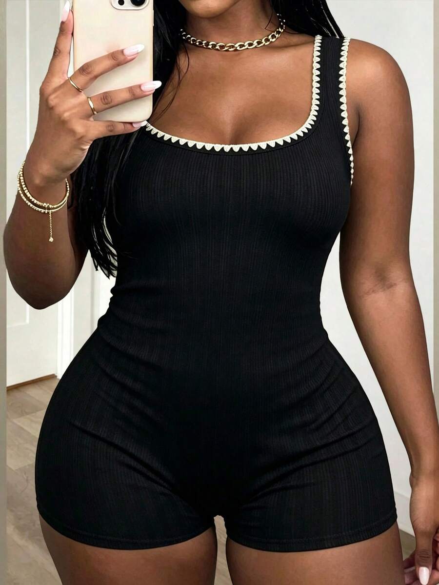 INAWLY Rompi Wanita Ukuran Plus Tanpa Lengan Tanpa Punggung Elastis Tinggi Bergaris Motif Bunga Model Ketat untuk Malam Hari, Musim Panas, Warna Hitam, Seksi - Hitam - View 1