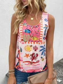 RIVANDRE Women's Palm Tree Starfish Pattern Single-Breasted Casual Tropical Vest Beach Vacation Pink Tropical Summer - Multicolor - View 5