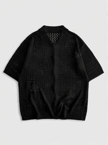 ROMWE MEN Betty Boop | ROMWE 美式復古 Betty 刺繡黑色鏤空針織開襟衫 男士夏季 Polo 領短袖外套上衣 - 黑色 - 查看 4