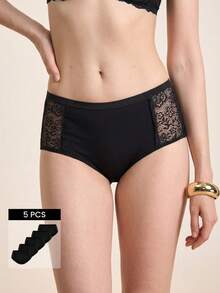 Hourtrue 5 Pcs, Women's Solid Color Lace Lace Splicing Triangle Panties, Comfortable And Breathable Hipster Panties, Fashionable - Black - View 1