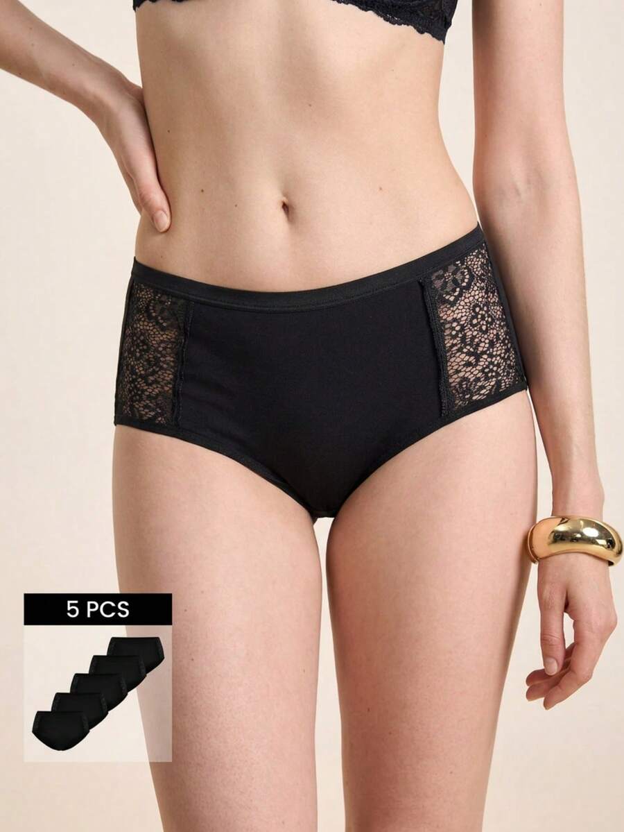 Hourtrue 5 Pcs, Women's Solid Color Lace Lace Splicing Triangle Panties, Comfortable And Breathable Hipster Panties, Fashionable - Black - View 1