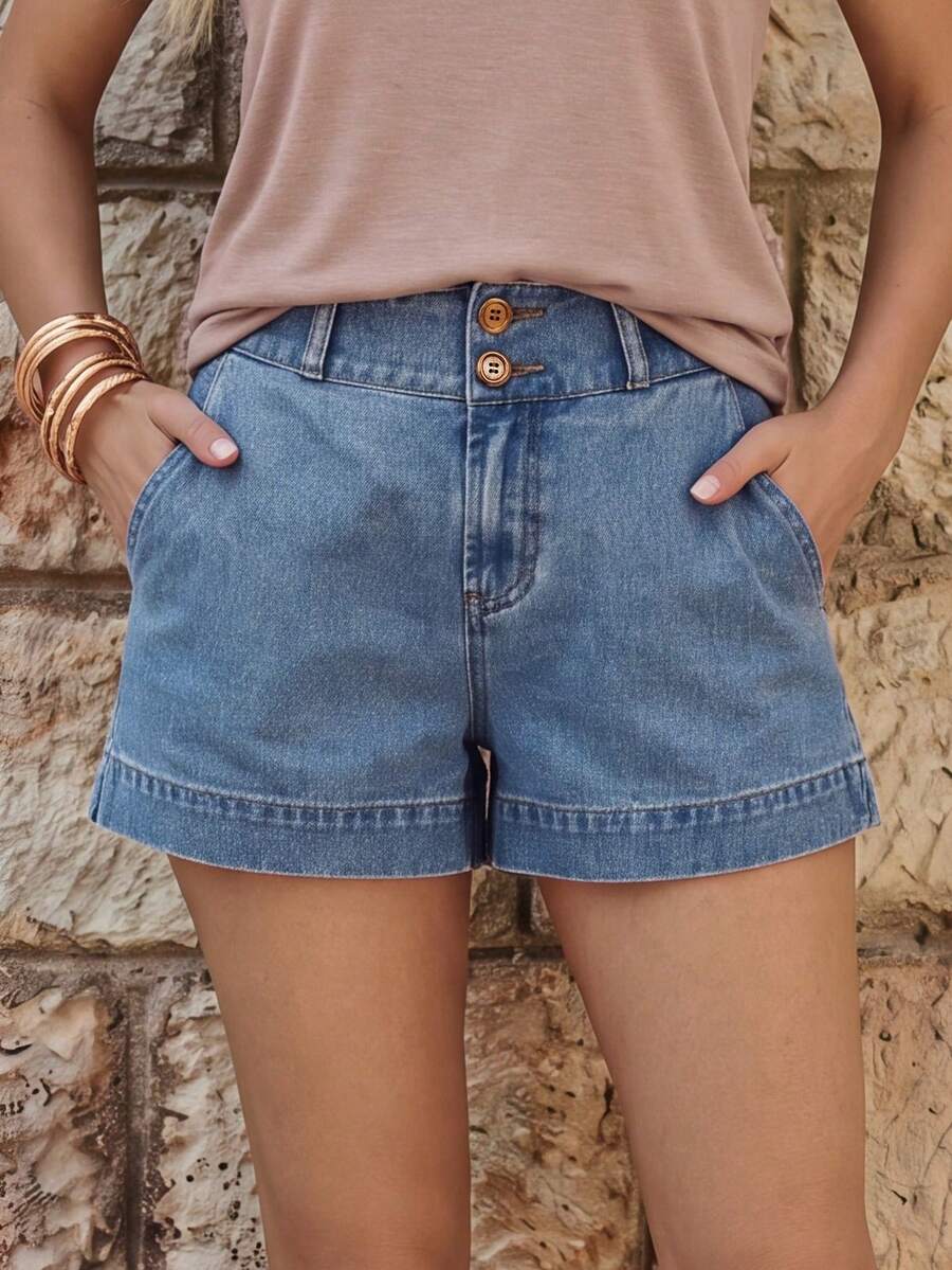 EMERY ROSE Women's Pocket Design Loose Fit Casual Wide Leg Denim Shorts - Blue - View 1