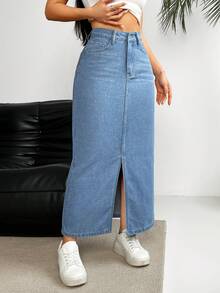 Rivivi Women's Fashionable Simple High Waist Slim Fit Split Denim Midi Skirt - Blue - View 8