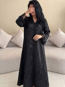 SHEIN Najma V領優雅提花飾邊蕾絲拼接長袖喇叭袖女款阿拉伯風洋裝 - 黑色 - 查看 8