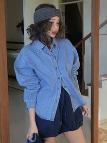 DAZY Solid Color Loose Long Sleeve Denim Shirt Casual Vacation Spring Autumn Women's Denim Top - Blue - View 7