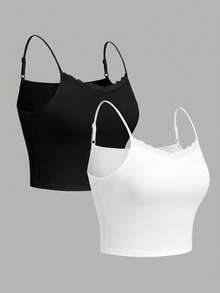 SHEIN Essnce 2件/套 95%纯棉无胸罩衬垫休闲简约百搭吊带背心，蕾丝拼接，黑白配色，适合度假、夏季穿着 - 白色 - 查看 2