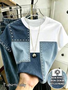 Resyla Women's Round Neck Stud Decor Casual Daily Short Sleeve T-Shirt - Multicolor - View 1