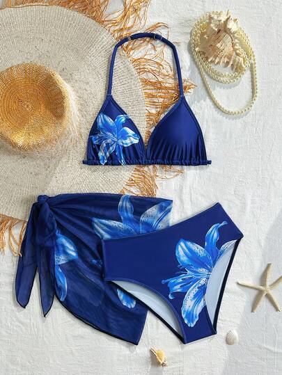 SHEIN 2pcs Tween Girl Bikini Sets Light Color Lily Flower Swimwear Adjustable Straps Conservative Comfortable Anti-Exposure Summer Simple Fashion Cute French Vacation Passionate Hawaiian Style Suitable For Holiday Suitable For New Year Suitable For Spring Break Suitable For Beach Suitable For Seaside
