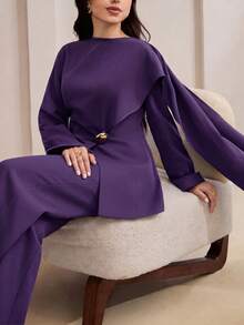 Veilorie Plus Size Metal Button Asymmetrical Hem Long Sleeve Shirt And Solid Color Long Pants 2 Pieces Set - Purple - View 8