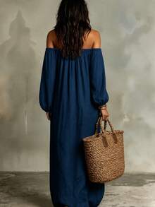 LUMIGAL Gaun Panjang Longgar Wanita Warna Polos dengan Lengan Lentera dan Saku, Model Bahu Terbuka - Navy Blue - View 2