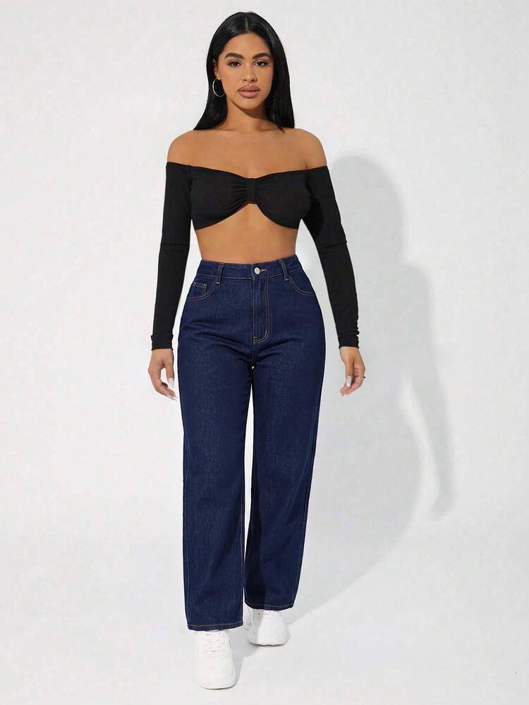 SHEIN ICON بنطلون جينز نسائي كاجوال للسفر اليومي بمقاسات كبيرة مع جيوب وأزرار - أزرق داكن - مشاهدة 5