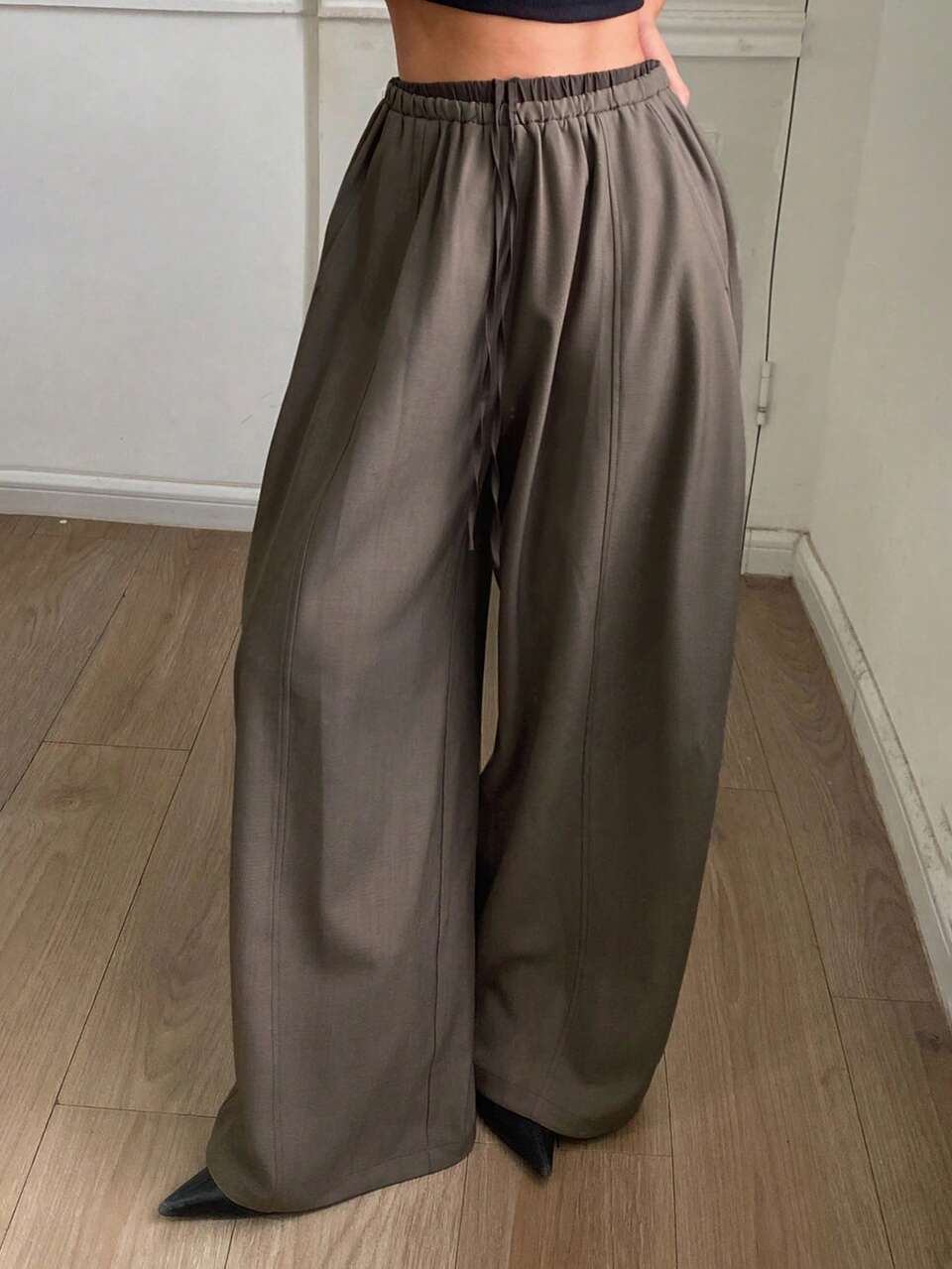 Loose Split Elastic Waist Drawstring Tie Curved Leg Pants Casual Old Money Elegant Vacation Spring Autumn Women's Long Pants