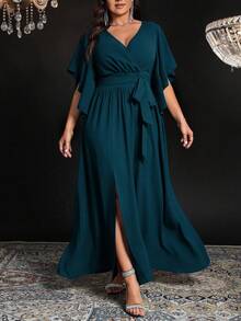 SHEIN CURVE+ Plus Size Women's Woven Solid Color Fitted V-Neck Bell Sleeve Tie Waist Ruched Slit Elegant Party Dress - Teal Blue - View 6
