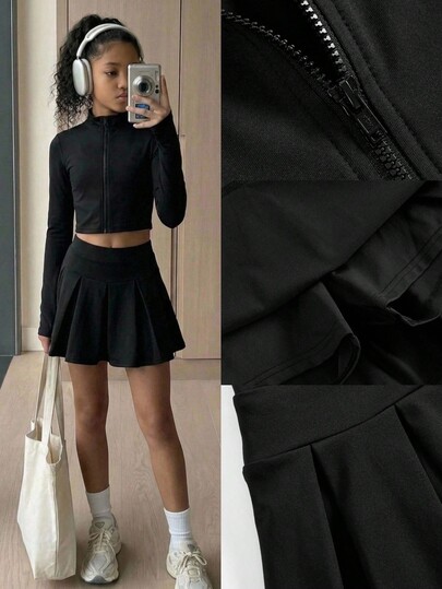SHEIN Conjunto de 2 piezas para niña preadolescente, chaqueta de punto con cremallera y cuello alto, falda mini, ajuste ceñido, apto para deportes, uso diario, tenis y diversas ocasiones, estilo elegante negro, ropa de otoño/invierno/primavera para volver a la escuela