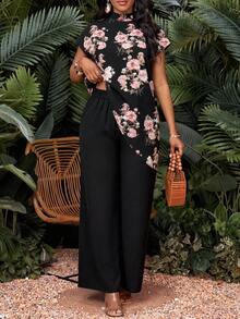 SHEIN Lady 中年女性波點不對稱下擺上衣與寬腿褲套裝 - 彩色 - 查看 7