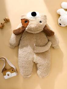 SHEIN Newborn Cute Plush 3D Puppy Hooded Long Sleeve Jumpsuit With Feet - Khaki - View 3