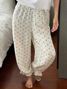 DAZY Summer Autumn Floral & Polka Dot Loose Ruffle Lantern Pants Women's Pajama Bottoms - Beige - View 8