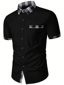 Manfinity Homme Men's Plus Size Casual Plaid Patchwork Pocket Single-Breasted Shirt - Black - View 3